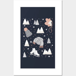 Wrap Up Warm Knitwear Ice-Skates Mountain Trees Cute Winter Pattern Digital Illustration Posters and Art